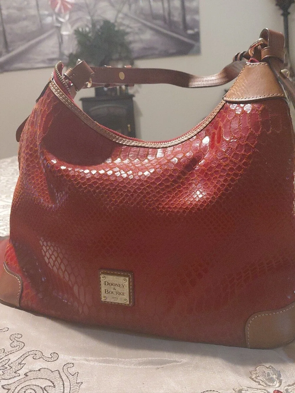 Dooney & Bourke Glossy Red Faux-Snakeskin Hobo with Brown Trim & Wallet